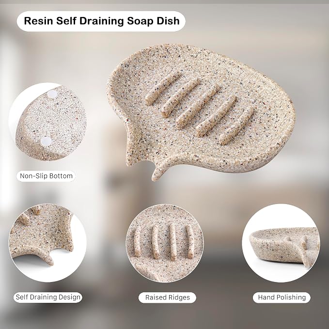 Self Draining Soap Dish for Shower & Bathroom Sink with Drain | Large Marble Resin Non Slip Soap Tray for Bar Soap, Kitchen Counter, Bathtub & Sink