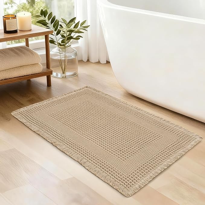 JIUZHEN Waffle Bath Mat Super Absorbent Bath Mat Non Slip Boho Bath Rugs for Bathroom Floor Machine Washable Quick Drying Bathroom Rugs with Tassels, 20" x 32", Loop-Brown
