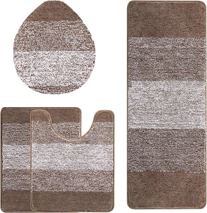 Bsmathom Bathroom Rug Set 4 Piece, Plush Microfiber Bath Mat, Coffee | Extra Water Absorbent, Non Slip Washable Runner Bath Rugs with Toilet Lid Cover and U-shaped Contour Toilet Mat