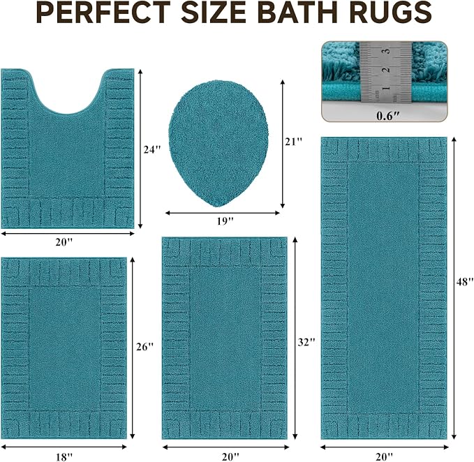 Pauwer Bathroom Rugs Set 5 Piece Non Slip Washable Bath Mat, Aqua Blue | U Shaped Contour Toilet Rugs, Soft Plush, Absorbent, Microfiber Shower Rug, Quick Dry Toilet Lid Cover