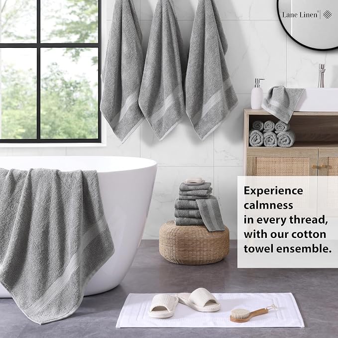 LANE LINEN Towel Set Soft Absorbent Quick Dry 100% Cotton 18 Piece - Grey | Cotton Bath Towels - Lightweight & Breathable, Fade-Resistant Color, Classic Terry Weave, Densely Woven & Durable