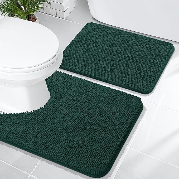 OLANLY Chenille Bathroom Rugs Sets 2 Piece, 24"x16"+24"x20", Blackish Green | Soft Absorbent Bath Mat and U-Shaped Contour Toilet Rug Set, Quick Dry, Machine Washable Bath Carpet, Home Decor Accessories