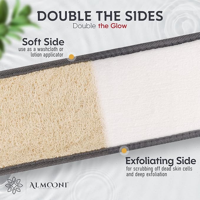 ALMOONI Men's Back Scrubber for Shower, Loofah Sponge, Gray, 1 Count | Natural Egyptian Loofah Sponge, Long Back Scrubber, Cotton Handles, Men's Shower Scrubber, Gentle Exfoliation