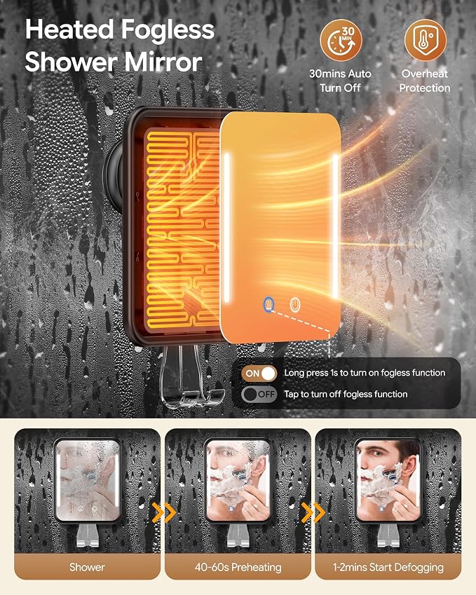Gospire Heated Shower Mirror with Light Fogless Mirror for Shaving 2026New | 5000mAh Rechargeable Battery, Detachable Suction Cup, Razor Holder for Wall, NO-Drilling, Waterproof for Bathroom