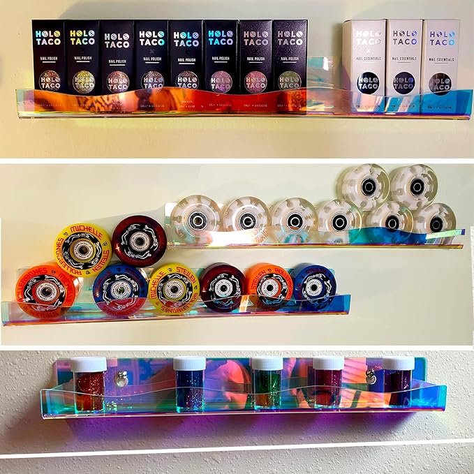 YMVV 15" Nail Polish Rack Wall Mounted Shelf,6 Pack Clear Rainbow Iridescent Acrylic Organizer Nail Supplies for Nail Techs,Great Display for Salons Retailers