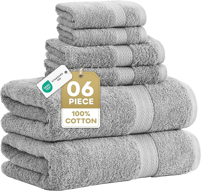 LANE LINEN Towel Set for Bathroom 6 Piece Soft Absorbent Quick Dry - Grey | Towels And Washcloths Sets - Oversized & Roomy, Lightweight & Breathable, Fade-Resistant Color, Classic Terry Weave
