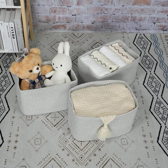 Cotton Rope storage Basket Bins Woven Basket for Organizing Shelves 15X10X9.3“ Rectangle Decorative Baskets For storage Clothes Toys Books Towels Square Wicker Nursery basket organizer 3 pack grey