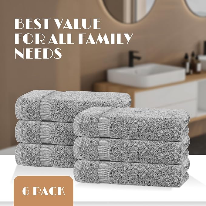 White Classic Wealuxe Light Gray Bath Towels 24x50 Inch, Cotton Towel Set for Bathroom, Hotel, Gym, Spa, Soft Extra Absorbent Quick Dry 12 Pack
