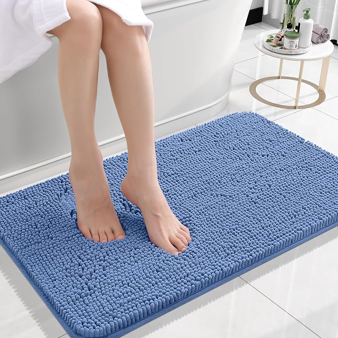 OLANLY Small Bathroom Rugs 24x16, Soft Absorbent Chenille Bath Rugs, Rubber Backing Quick Dry, Machine Washable Bath Mats for Bathroom Floor, Tub and Shower, Home Decor Accessories, Cornflower Blue | Cornflower Blue, Quick-Drying Rubber Backing, Washab...