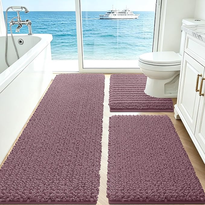 ACCUMTEK Upgrade Extra Large Mauve Bathroom Rug Set 3 Pieces Ultra Soft, Thick Absorbent Bath Mats, Non Slip Chenille Toilet Mat for Bathroom, Bedroom, Kitchen