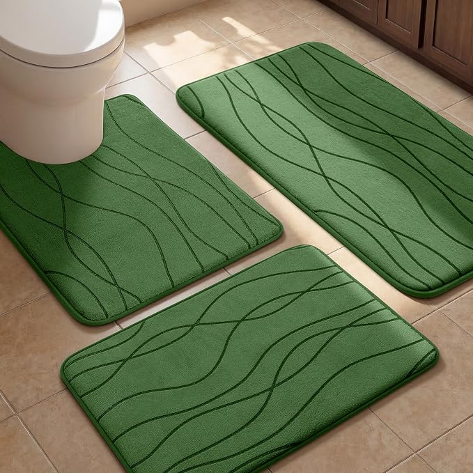 Bathroom Rugs Set 3 Piece, Memory Foam Bath Mat Green | Ultra Soft, Absorbent, Non-Slip, Machine Washable, for Bathroom, Sink and Toilet