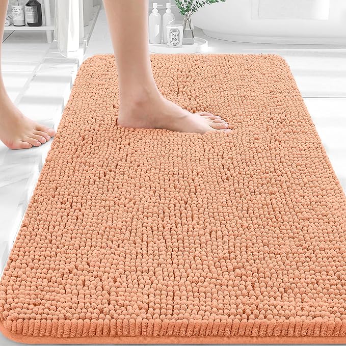 OLANLY Bathroom Rugs 32x20, Extra Soft Absorbent Chenille Bath Rugs | Peach, Quick-Drying Rubber Backing, Machine Washable Bath Mat for Bathroom Floor, Tub and Shower, Home Decor Accessories