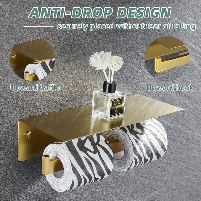 APLusee Brushed Dark Gold Double Toilet Paper Holder with Shelf, Heavy Duty 304 Stainless Steel Tissue Holder for Bathroom with Storage, Commercial Paper Roll Dispenser Wall Mounted