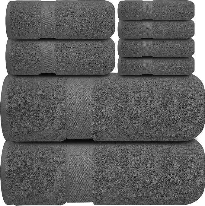 Infinitee Xclusives 100% Cotton Bath Towel Set – 8 Piece Bathroom Towel Set | (2 Bath Towels, 2 Hand Towels, 4 Washcloths) – Soft & Absorbent Towels for Bathroom - Gym, Shower, Spa & Hotel Use