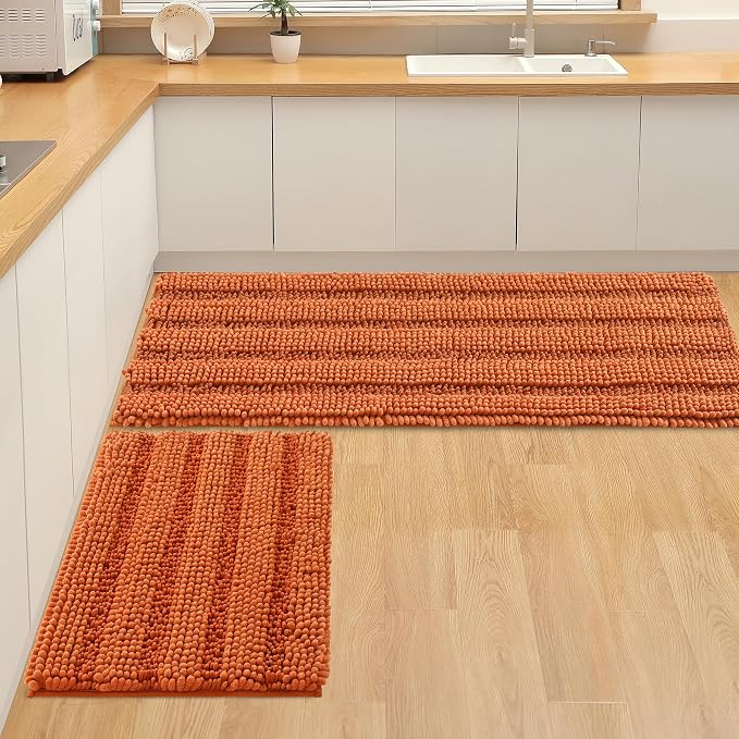 FLOLEOPA Non Slip Thick Shaggy Chenille Burnt Orange Bathroom Rug Sets 2 Piece, Thickened Hot Melt Rubber Bottom Bath Mats for Bathroom, Rugs Quick Dry Machine Washable Shower Mat