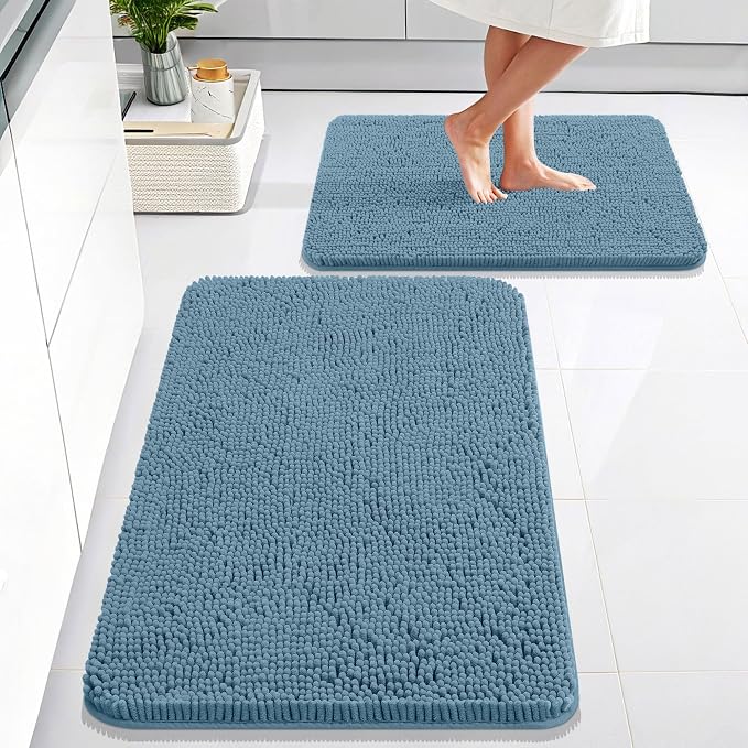 OLANLY Chenille Bathroom Rugs Mats Sets 2 Piece, 30"x20"+24"x16", Airy Blue | Ultra Soft Absorbent Bath Rugs Set, Rubber Backing Non-Slip, Quick Dry, Machine Washable Bath Carpet, Home Decor Accessories