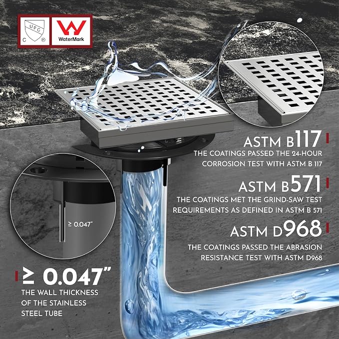 WEBANG 6 Inch Square Shower Drain Brushed Floor Drain with Flange Square Holes Pattern Cover Grate Removable SUS304 Stainless Steel Watermark&CUPC Certified Brushed