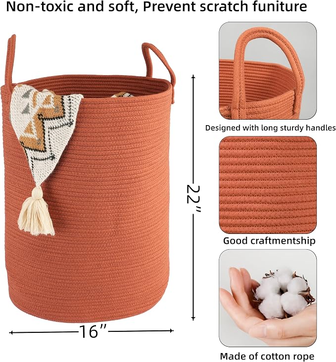 XUANGUO Cotton Rope Laundry Basket Hamper for Clothes Woven Storage Basket for Living Room Bedroom Boho Tall Rope Baskets for Blanket Toys Pillow Towels Baby Nursery Hamper Bin Large rustic