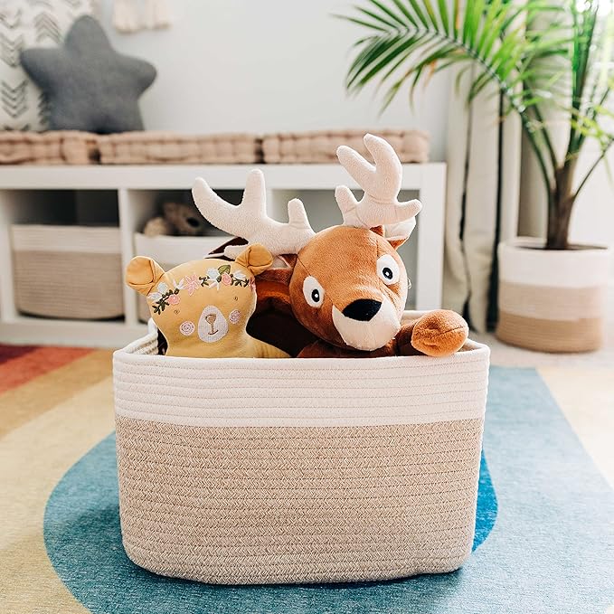 Light Honey Cotton Rope Baskets for Shelves, Set of 3 - 15"×10"×9½" - Woven Storage Baskets for Organizing - Closet, Nursery, Bedroom, Playroom - Toys, Books, Towels, Clothes