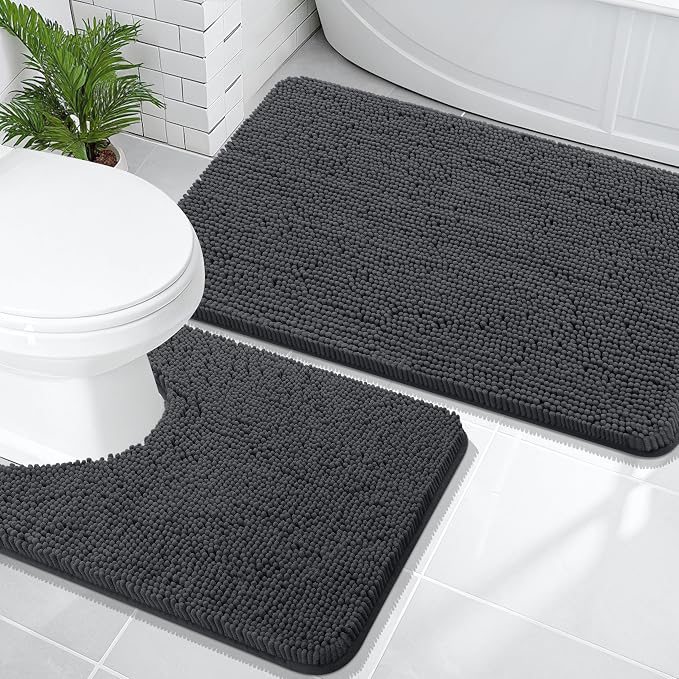 OLANLY Chenille Bathroom Rugs Mats Sets 2 Piece, 36"x24"+24"x20", Dark Grey | Soft Absorbent Bath Mat and U-Shaped Contour Toilet Rug Set, Quick Dry, Machine Washable Bath Carpet, Home Decor Accessories