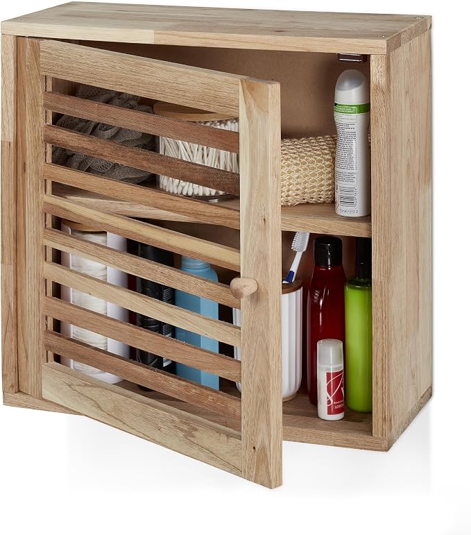 Relaxdays Wall Cabinet, 2 Levels, Door with Magnetic Lock, Narrow Wooden Storage, Bathroom, Kitchen, 42x42x18cm, Natural