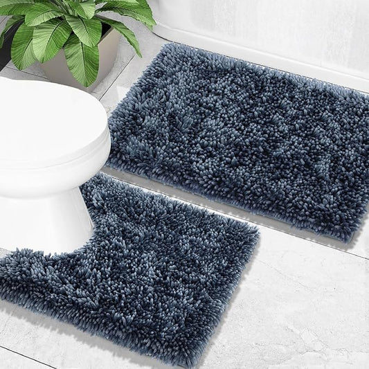 Yimobra Bathroom Rugs Sets 2 Piece, Soft Absorbent Bath Mat and U-Shaped Toilet Rug with Non Slip Backing, Luxury Shaggy Bath Mats for Bathroom, Machine Washable, 31.5"x20"+24"x20", Light Blue