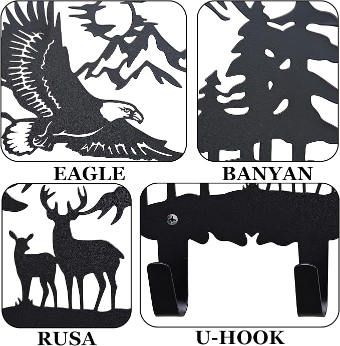 Metal Eagle Hooks Wall Art Decor-Eagle Hangers and Key Holder-Animal Theme Hooks Sweet Home Decor for Storage, Living Room, Hallway, Office (Black)