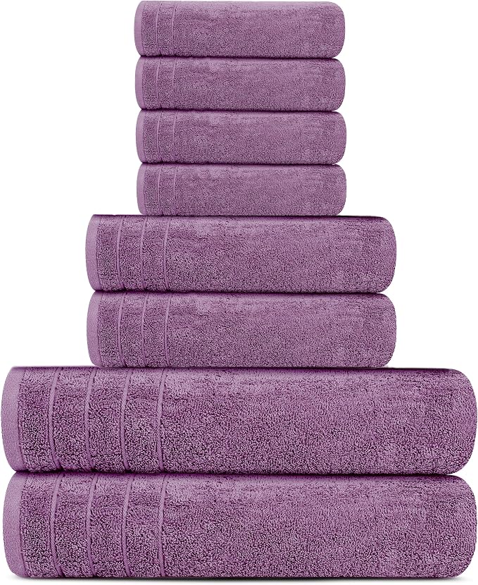 8 Piece Towel Set, 2 XL Bath, 2 Hand, 4 Washcloth, Purple | 100% Cotton, Lighter Weight, Quicker to Dry, Super Absorbent, Perfect for Bathroom