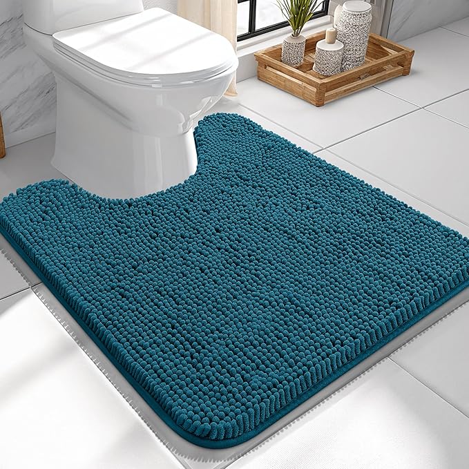 OLANLY Toilet Rugs U-Shaped 24x24, Soft Absorbent Chenille Contour Rugs | Peacock Blue, Quick-Drying Rubber Backing, Machine Washable Non-Slip Shaggy Bathroom Mat for Toilet, Home Decor Accessories
