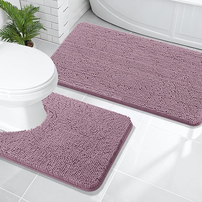OLANLY Chenille Bathroom Rugs Mats Sets 2 Piece, 47"x20"+24"x20", Deep Plum | Soft Absorbent Bath Mat and U-Shaped Contour Toilet Rug Set, Quick Dry, Machine Washable Bath Carpet, Home Decor Accessories