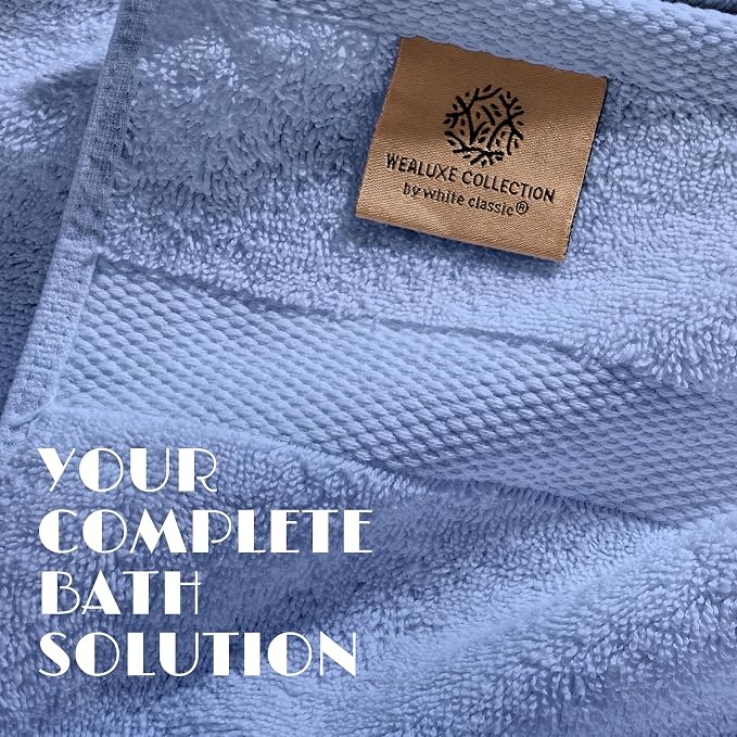White Classic Light Blue Bath Towel Set of 6-100% Cotton Highly Absorbent Towels for Bathroom, 2 Luxury Bath Towels 650GSM, 2 Hand Towels, 2 Washcloths