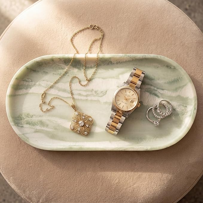 YKAJO Botanical Green Oval Marble Tray, 11.8x5.9 Vanity Perfume Organizer | Honed natural stone; jewelry & trinket dish, ring & key holder, soap & candle catchall; bath counter, dresser, coffee table
