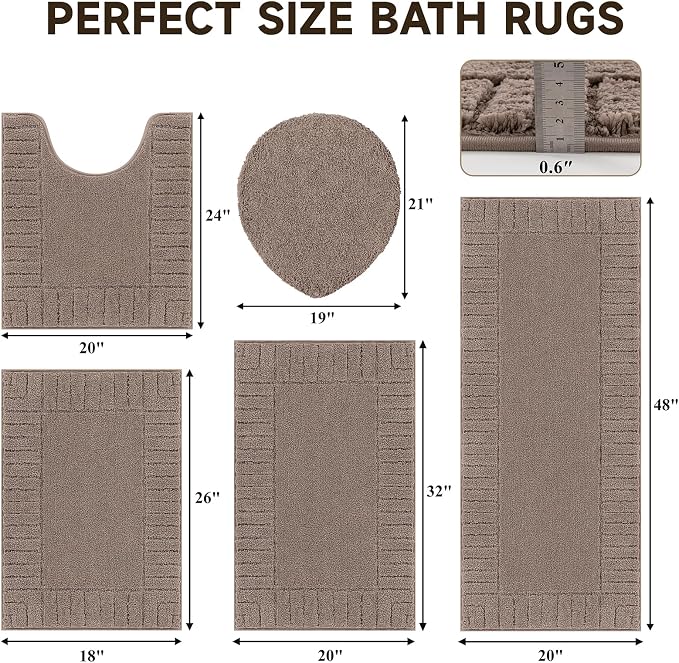 Pauwer Bathroom Rugs Set 5 Piece, Microfiber Bath Mat Set, Coffee | Non Slip Washable Bath Mat with U Shaped Toilet Rug, Plush Absorbent Shower Rug, Toilet Lid Cover, Quick Dry Floor Carpet