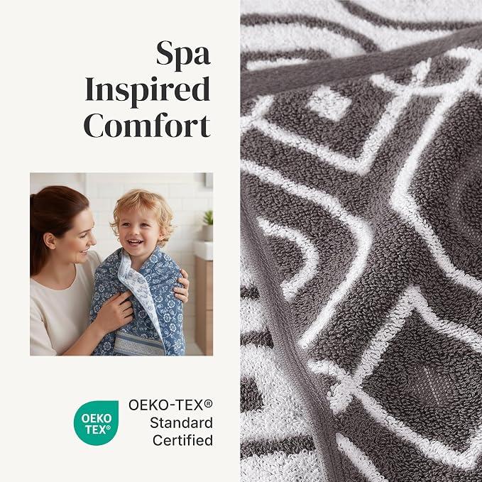 Modern Threads 6 Piece Bath Towel Set – Bathroom Set with 2 Bath Towels, 2 Hand Towels, and 2 Wash Cloths – 100% Cotton, Super Absorbent & Extra Soft – Reversible Classic Diamond (Gray)