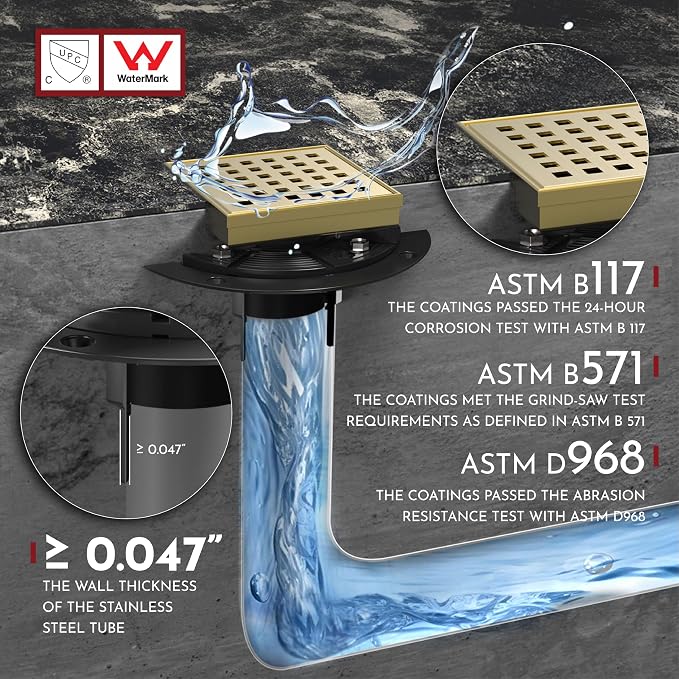 WEBANG 4 Inch Square Shower Drain Gold Floor Drain with Flange Square Holes Pattern Cover Grate Removable SUS304 Stainless Steel Watermark&CUPC Certified Brushed Gold