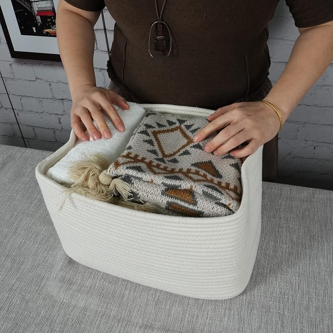 Cotton Rope storage Basket Bins Woven Basket for Organizing Shelves 15X10X9.3" Rectangle Decorative Baskets For storage Clothes Toys Books Towels Nursery basket organizer 3 pack white