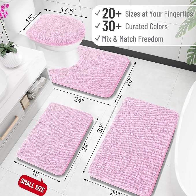 OLANLY Toilet Rugs U-Shaped 20x20, Soft Absorbent Chenille Contour Rugs | Pink, Quick-Drying Rubber Backing, Machine Washable Non-Slip Shaggy Bathroom Mat for Toilet, Home Decor Accessories