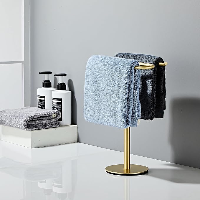 Brusehd Light Gold Hand Towel Holder Stand,13 Inch Free-Standing Towel Rack, SUS304 Stainless Steel Towel Bar Rack Stand, Tower Bar for Bathroom Kitchen Vanity Countertop