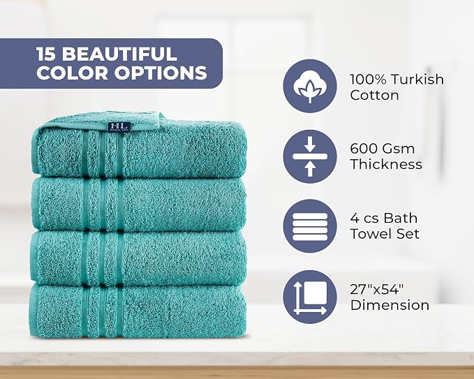 Hawmam Linen Teal Turquoise Bath Towels 4 Pack Soft and Absorbent, Premium Quality Perfect for Daily Use 100% Cotton Towel 600 GSM