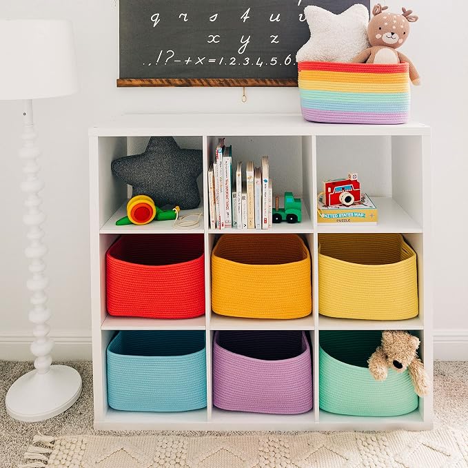 Rainbow Cotton Rope Basket for Shelf Storage - 15"×10"×9½" - Colorful Decorative Basket for Kids - Nursery, Playroom, Classroom - Toy Storage, Books, Towels