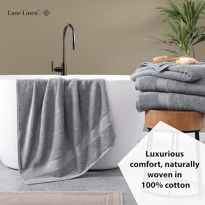 LANE LINEN Bath Towel Set 100% Cotton 4 Piece Soft Absorbent - Grey | Oeko-Tex Bath Towels - Ring-Spun Cotton, Terry Weave Comfort, Long-Lasting Comfort, Hotel-Style Look, Machine Washable