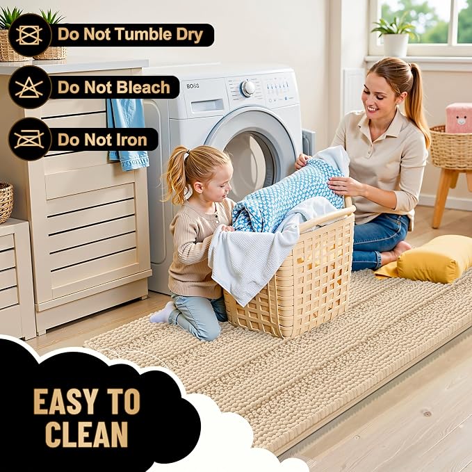 OLANLY Thick Chenille Bathroom Rugs Sets 3 Piece, 47"x20"+24"x16"+24"x20" | Beige, Absorbent Bath Mats and U-Shaped Contour Toilet Rug, Home Decor Accessories, Bath Mat Set for Bathroom