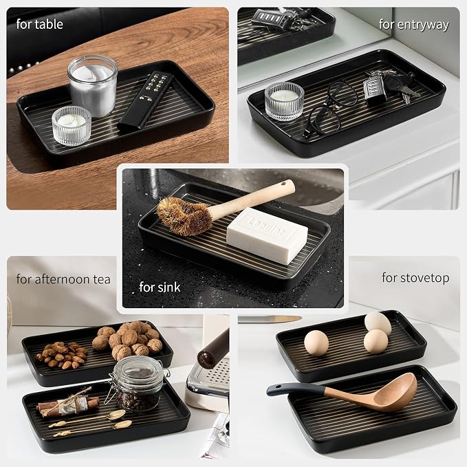 Bathroom Vanity Tray for Countertop,2PC Rectangle Striped Tray,Decorative Bathroom Organizer for Scrubber, Lotion Bottles, Perfume, Jewelry, Candle, Key Trinket Ring(Large,Black)