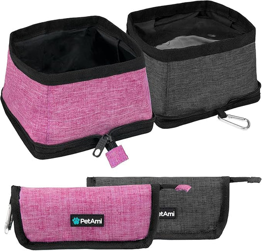 PetAmi Collapsible Dog Bowls 2 Pack, Food and Water Bowls Travel Set, Pink | Portable Pet Dish No Spill, Foldable Lightweight BPA Free Leakproof, Camping Hiking Walking Hunting Outdoor Gear Accessories