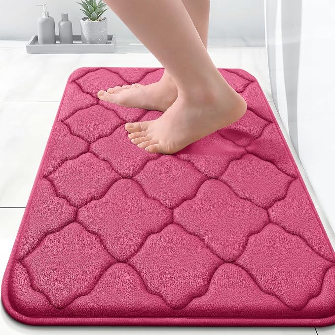 OLANLY Memory Foam Bath Mat Rug 24x16, Ultra Soft Bathroom Rugs, Deep Pink | Thick Absorbent Carpet, Non-Slip Backing, Machine Washable, for Bathroom Floor, Tub, Shower and Home Decor Accessories