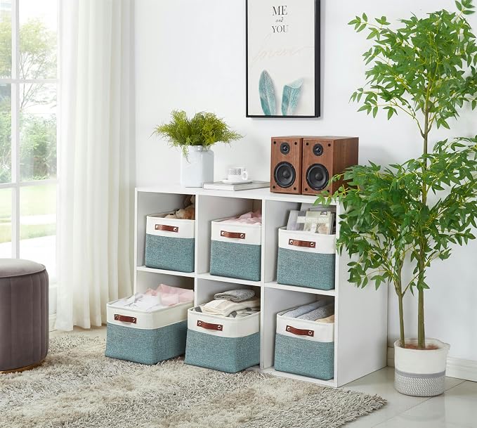 DECOMOMO Storage Bins, Extra Large Fabric Storage Baskets for Shelves, Decorative Linen Closet Organizer, 15.8 x 12.5 x 10 inches (Green & White, 3 Pack)