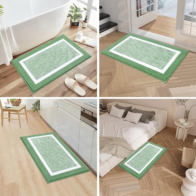 Pauwer 3 Piece Bathroom Rug Set, Non Slip Washable Bath Mat, Green | Soft Plush Microfiber, Super Absorbent Floor Carpet, U Shaped Toilet Mats, Quick Dry, Shaggy Shower Rugs Runners