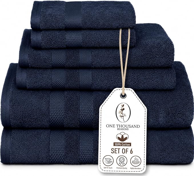 Premium Staple Cotton Bathroom Towel Set - Navy 600 GSM 6-Piece Luxury Bath Towel Set 3 Stripe - 2 Bath Towels, 2 Hand Towels & 2 Washclothes Set - High Absorbent & Quick Dry for Gym, Spa, Hotel