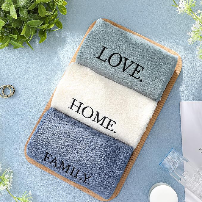 3 Pcs Hand Towels Bathroom Set,Teal,Home Love Family | Embroidered Cotton Farmhouse Towels, Kitchen Decor, Rustic Boho Decorative with Text Labels, Guest Bath Home