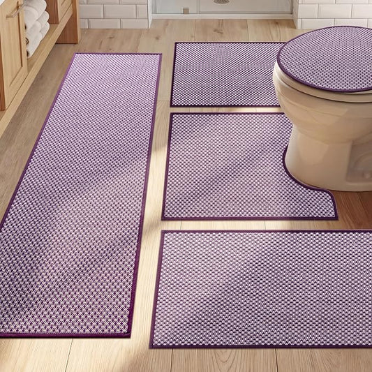 YIHOUSE Thin Bath Mat Purple Bathroom Rugs Sets 5 Pieces, Non Slip Absorbent Bath Mats Quick Dry, Woven Braided Rugs Washable, Rubber Tapetes para Baño for Bathroom Toilet,Bathtub